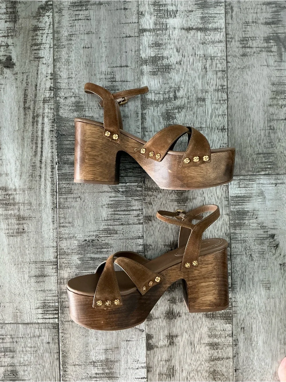 Larroude Suede Platform Sandals in Russet with Gold Accents 7.5